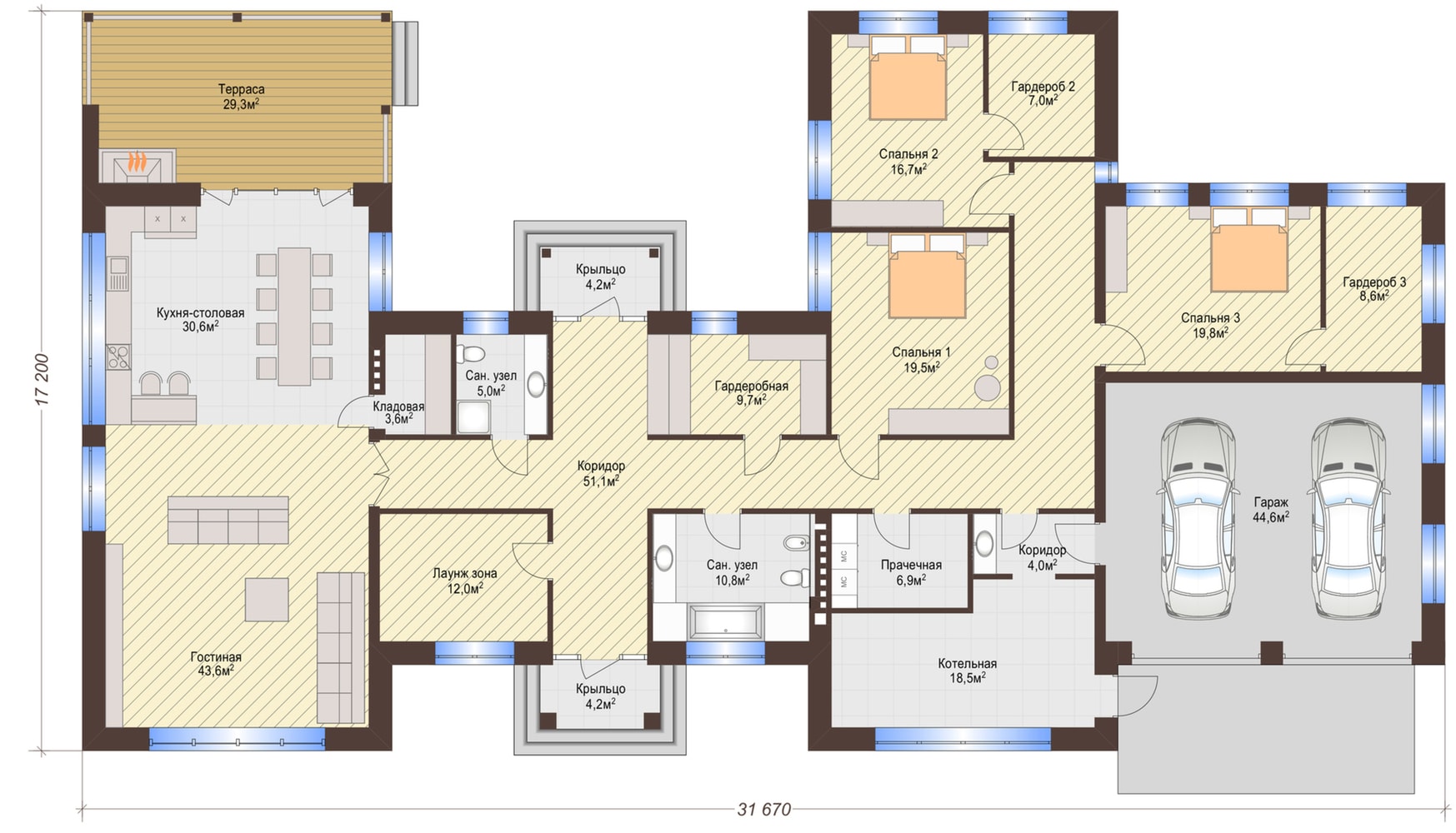 планировка одноэтажного дома с гаражом и 2 спальнями