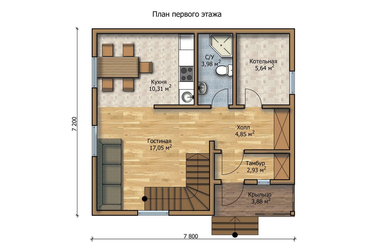 Проект двухэтажного дома 6 на 6 с котельной и санузлом