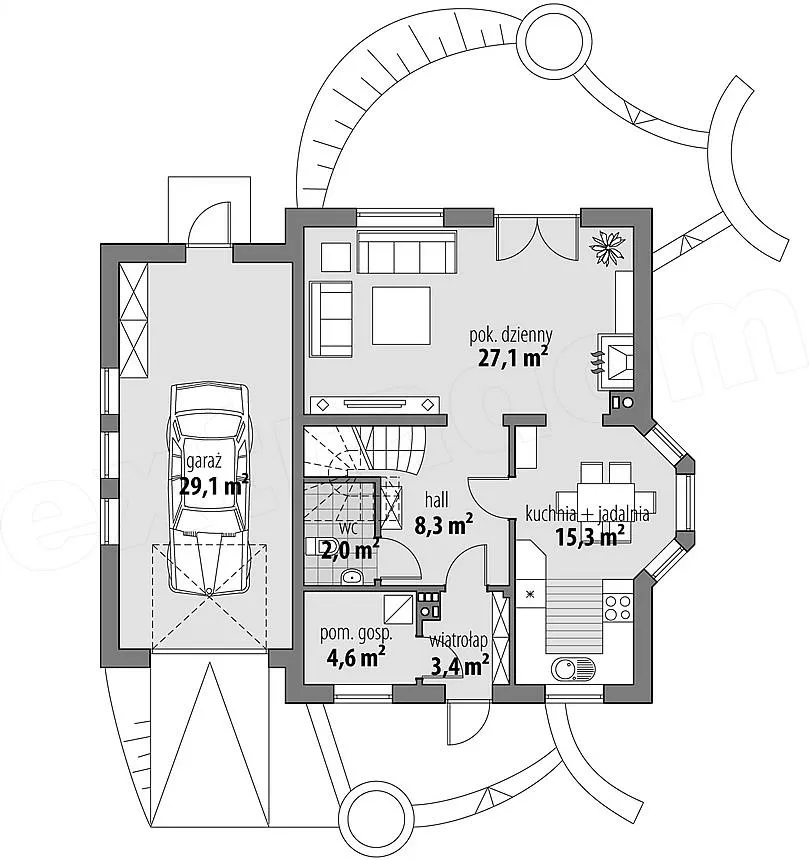 План этажа №1 2-этажного дома D-2177 в Тюмени