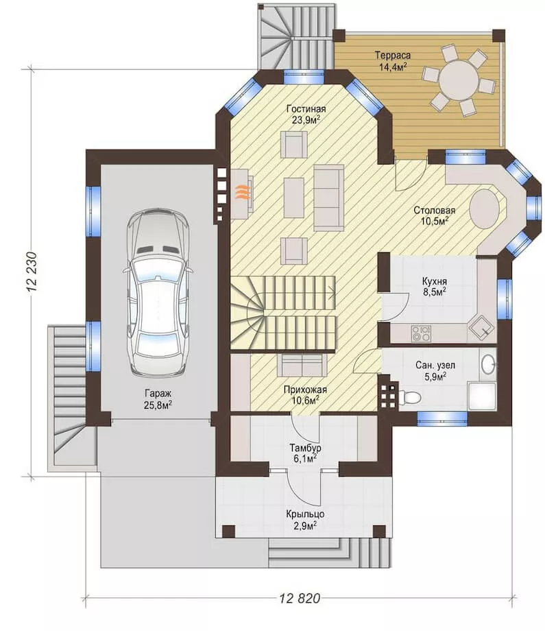 План этажа №1 3-этажного дома K-3289 в Тюмени