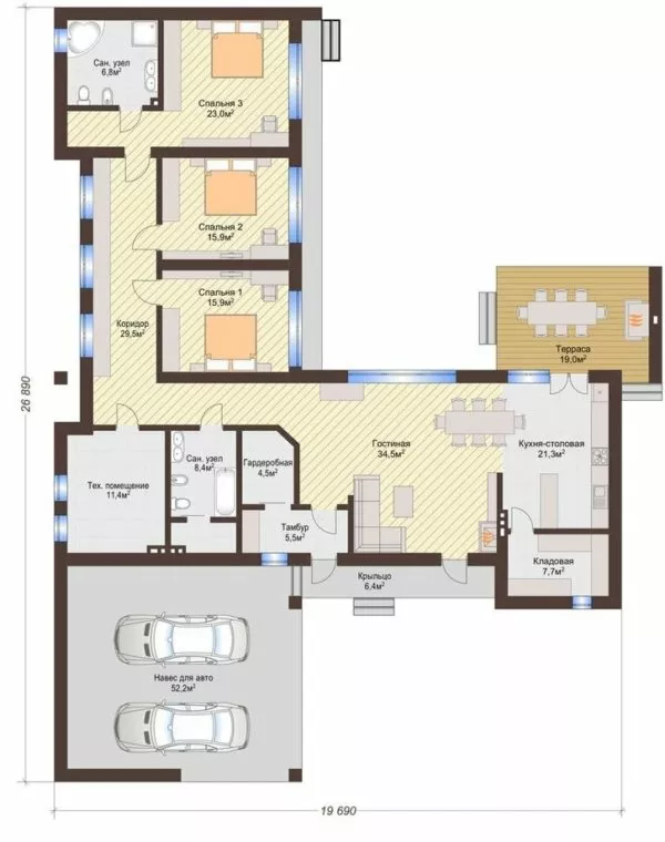 План этажа №1 1-этажного дома K-1207-2 в Тюмени