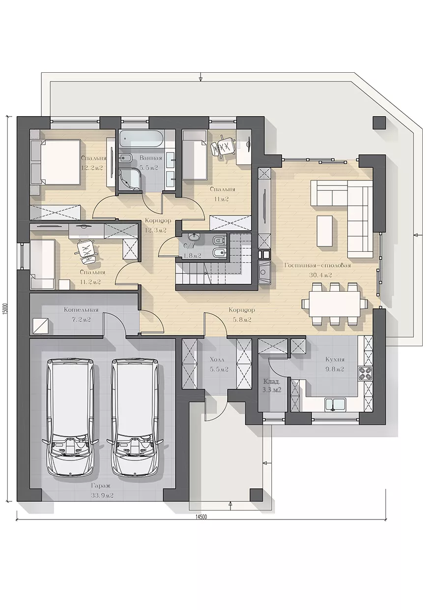 План этажа №1 1-этажного дома K-1280-4 в Тюмени