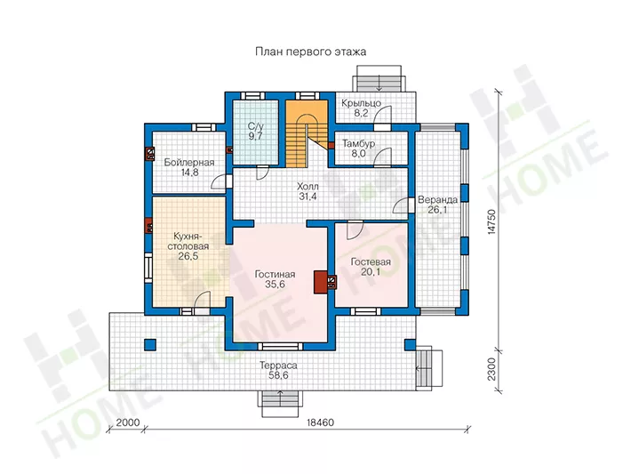План этажа №1 2-этажного дома 58-02K в Тюмени