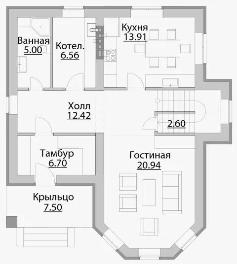 План этажа №1 2-этажного дома B-143 в Тюмени