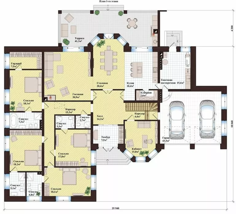 План этажа №1 1-этажного дома K-1445-2 в Тюмени