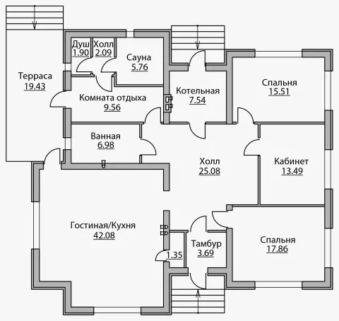 План этажа №1 1-этажного дома B-153 в Тюмени