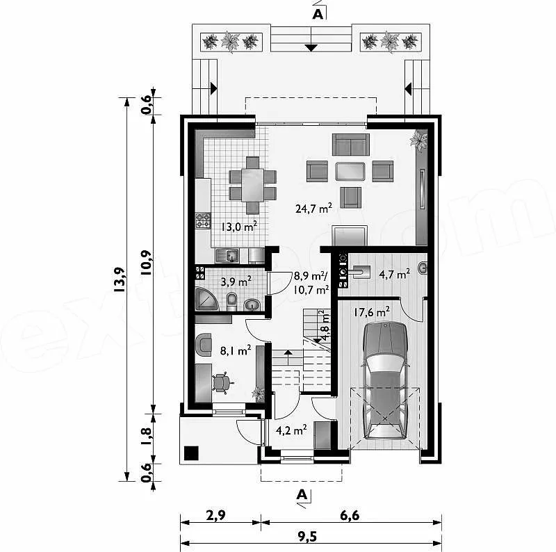 План этажа №1 2-этажного дома D-2264 в Тюмени
