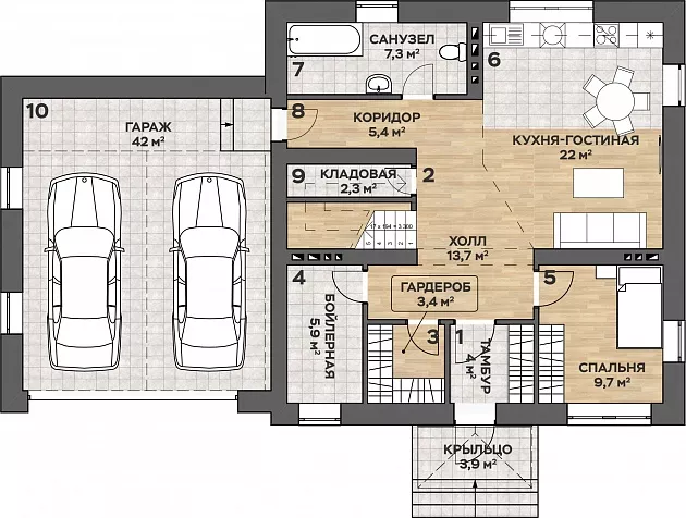 План этажа №1 2-этажного дома K-2183-2 в Тюмени