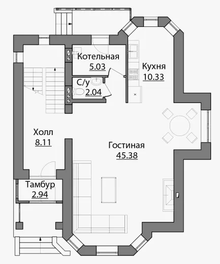 План этажа №1 2-этажного дома C-152 в Тюмени