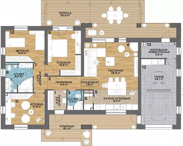 План этажа №1 1-этажного дома K-1185 в Тюмени
