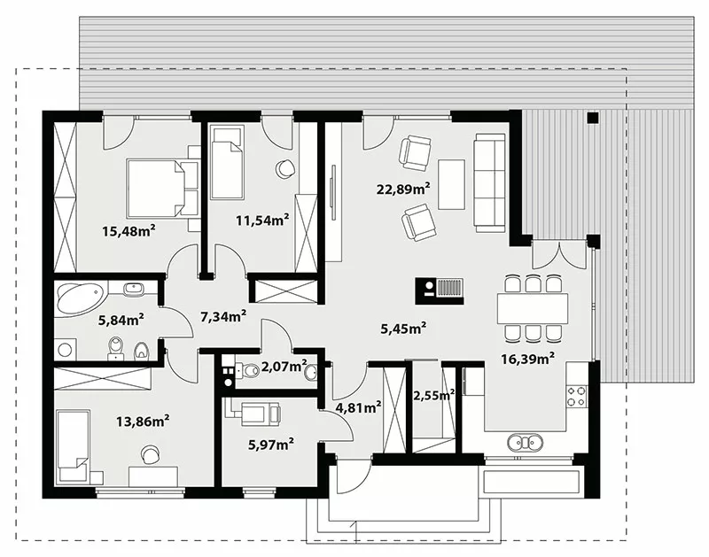 План этажа №1 1-этажного дома K-1114-3 в Тюмени