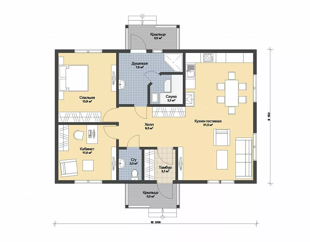 План этажа №1 1-этажного дома KR-193 в Тюмени