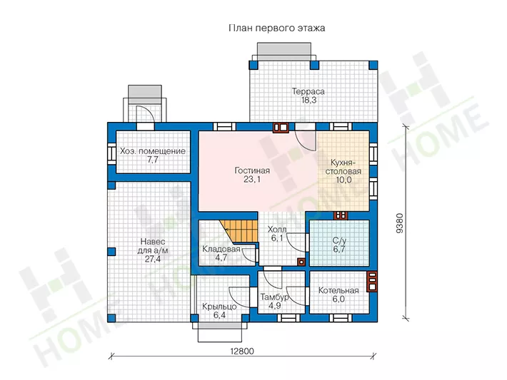 План этажа №1 2-этажного дома 48-20AK в Тюмени
