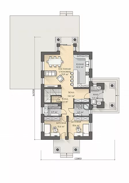 План этажа №1 2-этажного дома K-2309-3 в Тюмени