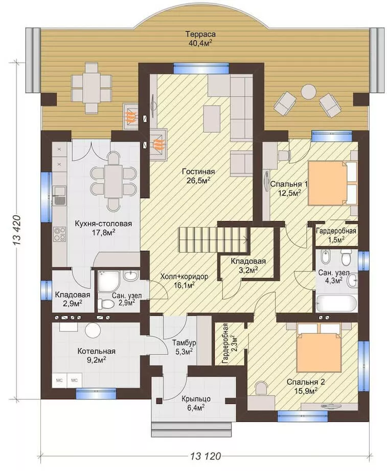 План этажа №1 1-этажного дома K-1209 в Тюмени