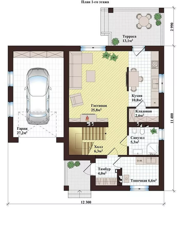План этажа №1 2-этажного дома K-2166-2 в Тюмени