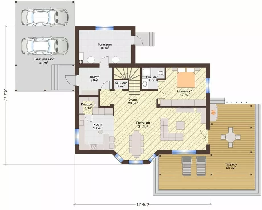 План этажа №1 2-этажного дома K-2217-2 в Тюмени