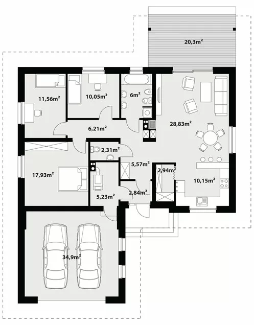 План этажа №1 1-этажного дома K-1109-2 в Тюмени