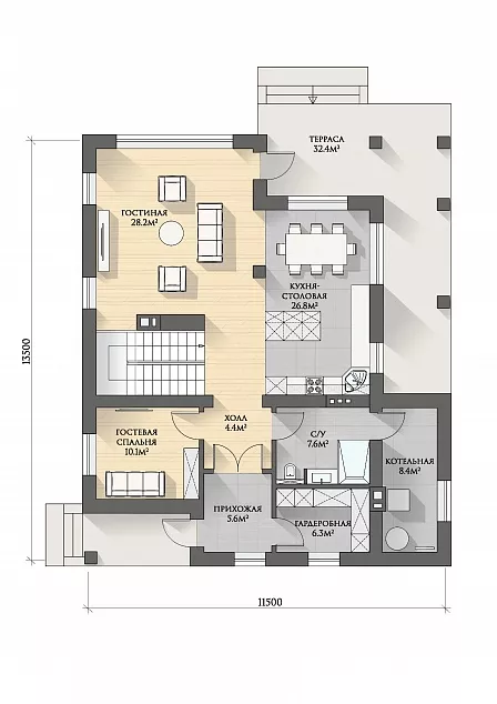 План этажа №1 2-этажного дома K-2223 в Тюмени