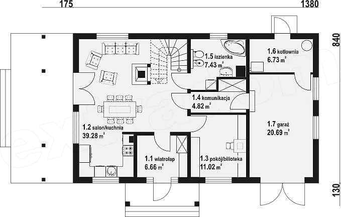 План этажа №1 2-этажного дома D-2232 в Тюмени