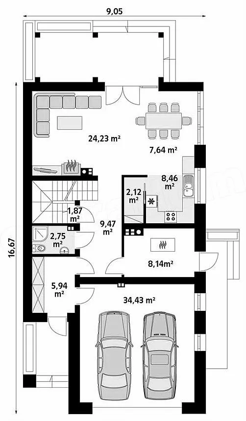 План этажа №1 2-этажного дома D-2302 в Тюмени