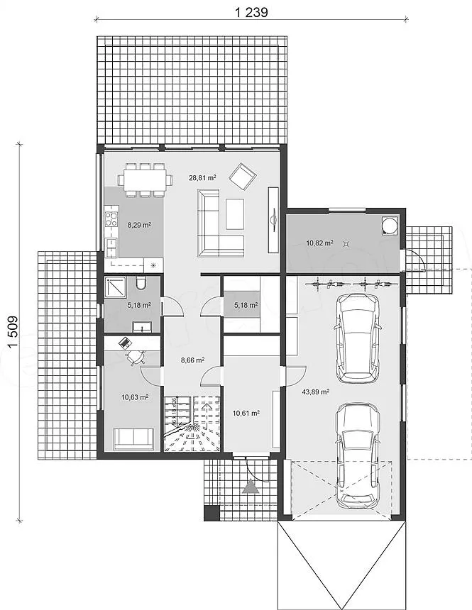 План этажа №1 2-этажного дома D-2374 в Тюмени