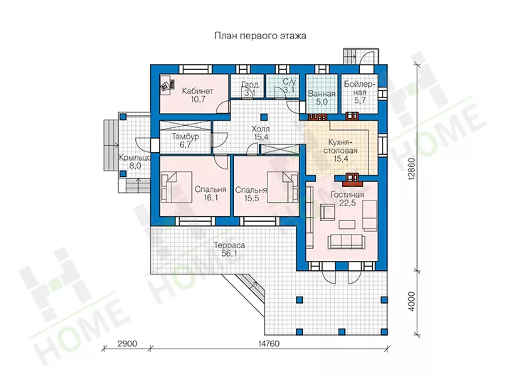 План этажа №1 1-этажного дома 62-22L в Тюмени