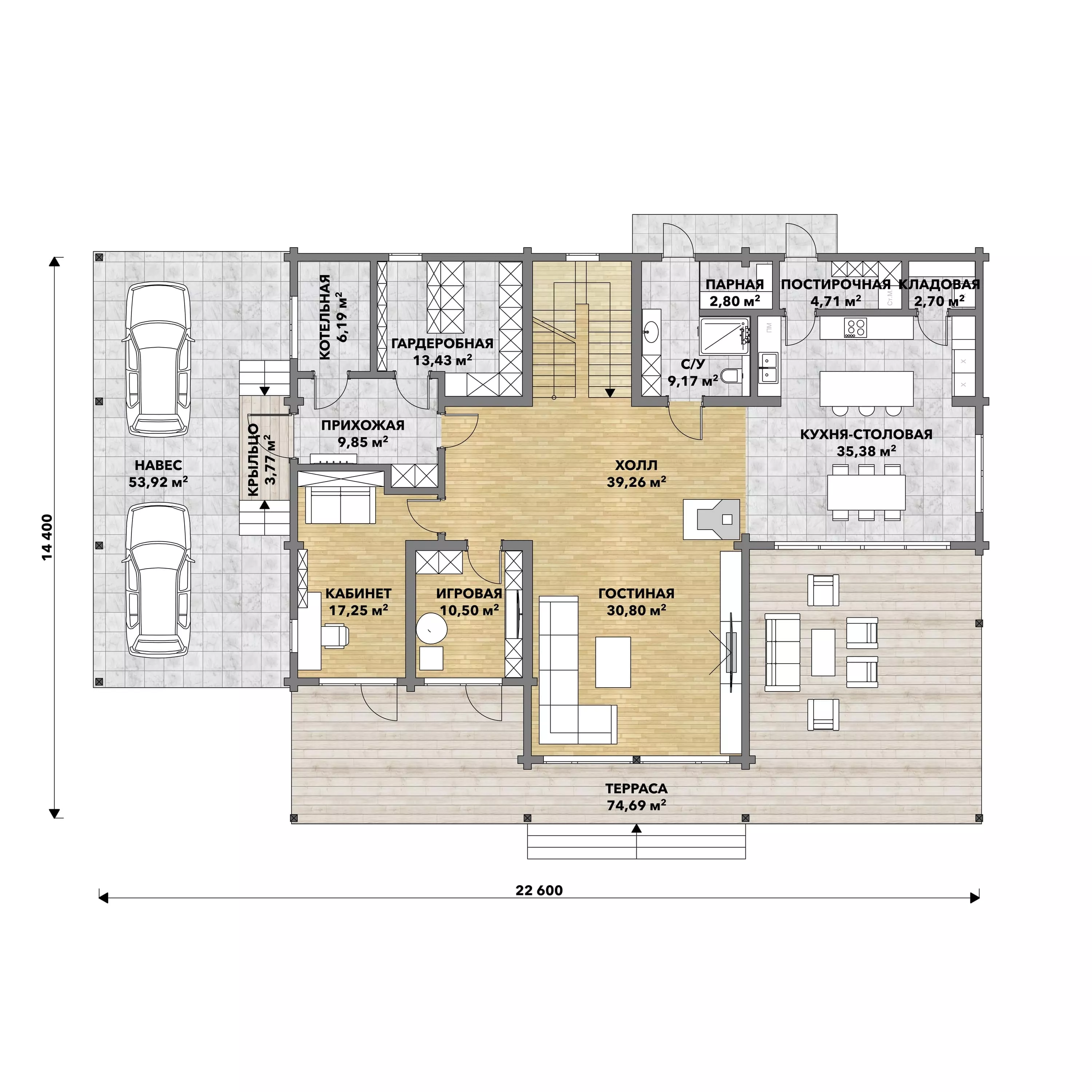 План этажа №1 2-этажного дома D-2536 в Тюмени