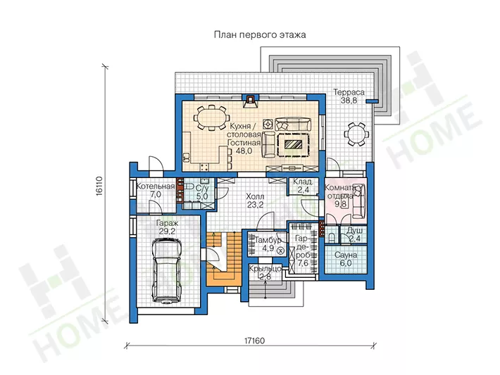 План этажа №1 2-этажного дома 62-77 в Тюмени