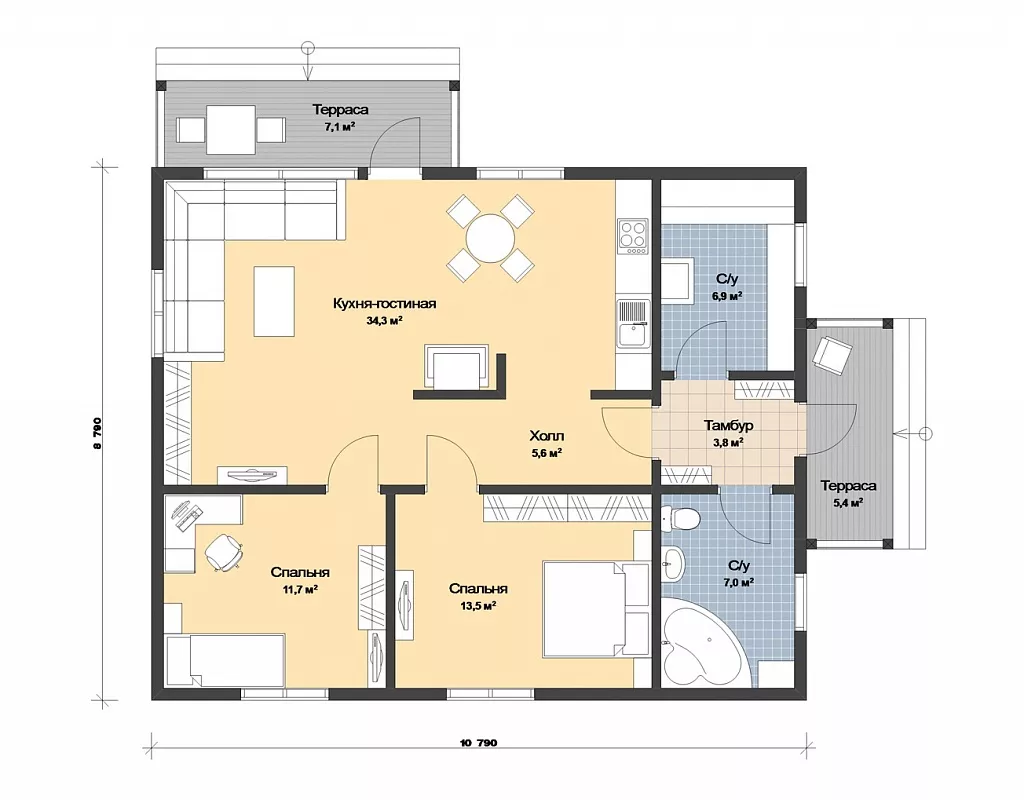 План этажа №1 1-этажного дома KR-1134-2 в Тюмени