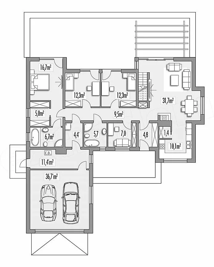 План этажа №1 1-этажного дома D-1348 в Тюмени