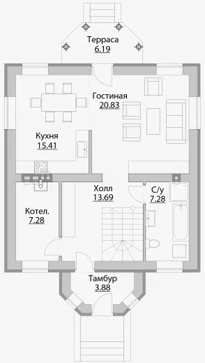 План этажа №1 2-этажного дома B-130 в Тюмени