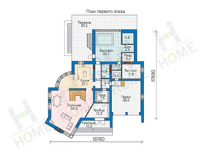 План этажа №1 2-этажного дома 45-27 в Тюмени