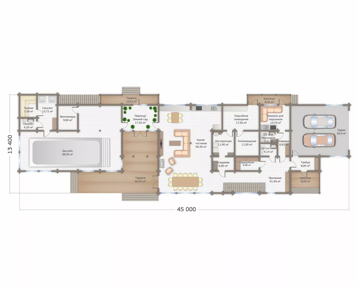 План этажа №1 2-этажного дома D-2915 в Тюмени