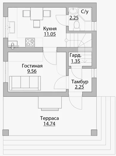План этажа №1 2-этажного дома C-54 в Тюмени