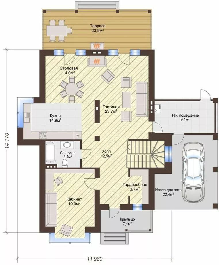План этажа №1 2-этажного дома K-2217-3 в Тюмени
