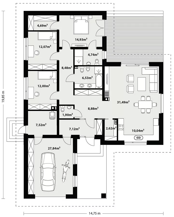 План этажа №1 1-этажного дома K-1133-3 в Тюмени