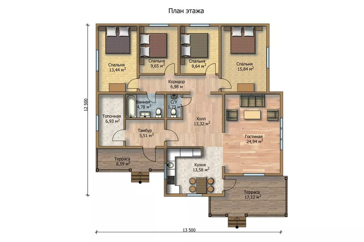 План этажа №1 1-этажного дома KR-1152-2 в Тюмени