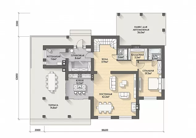План этажа №1 2-этажного дома K-2328 в Тюмени