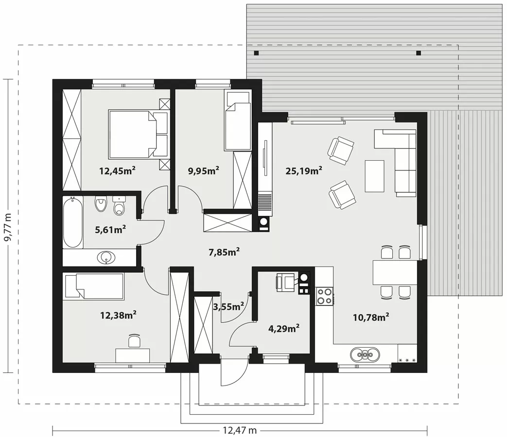 План этажа №1 1-этажного дома KR-192 в Тюмени