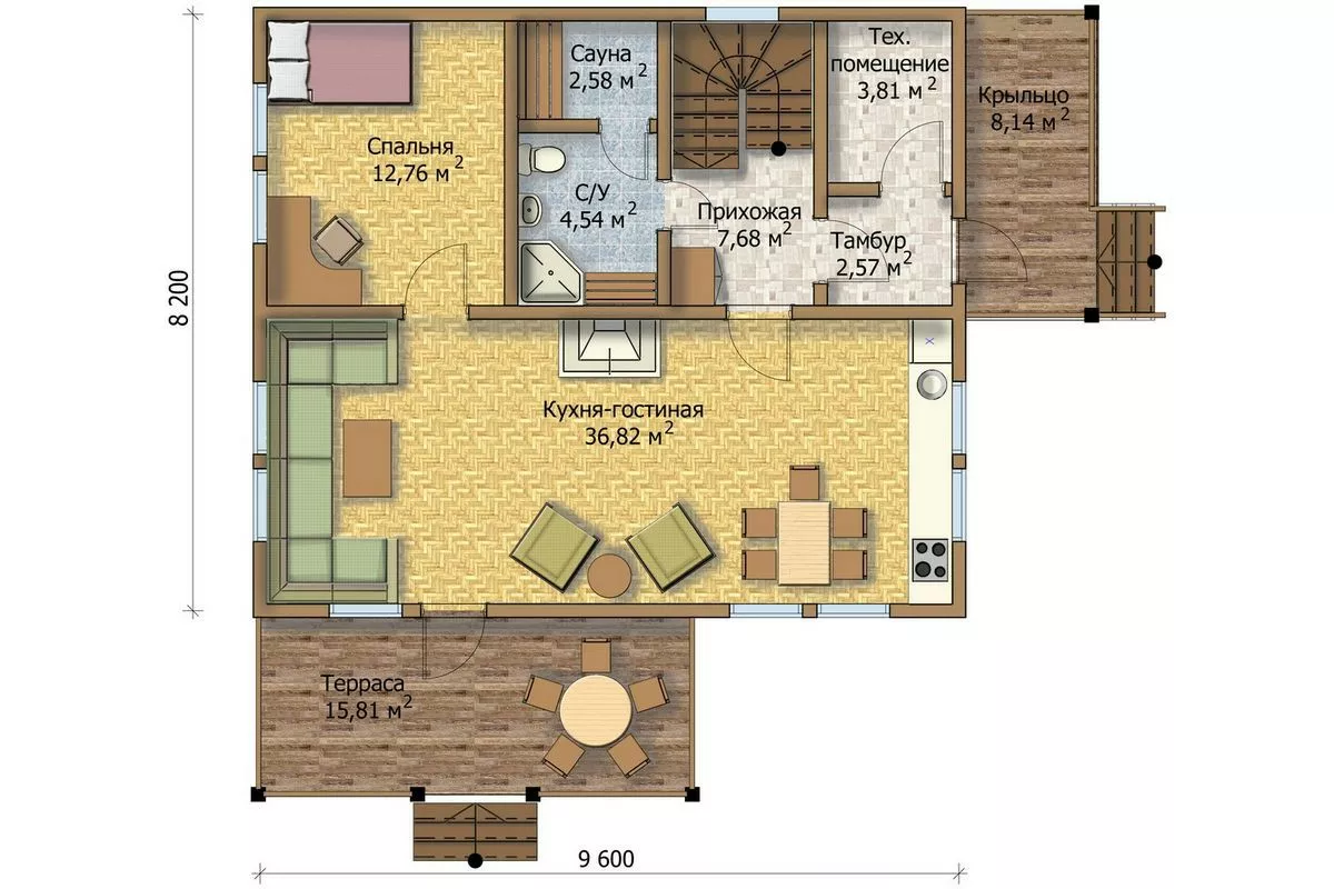 План этажа №1 1-этажного дома KR-1162-2 в Тюмени