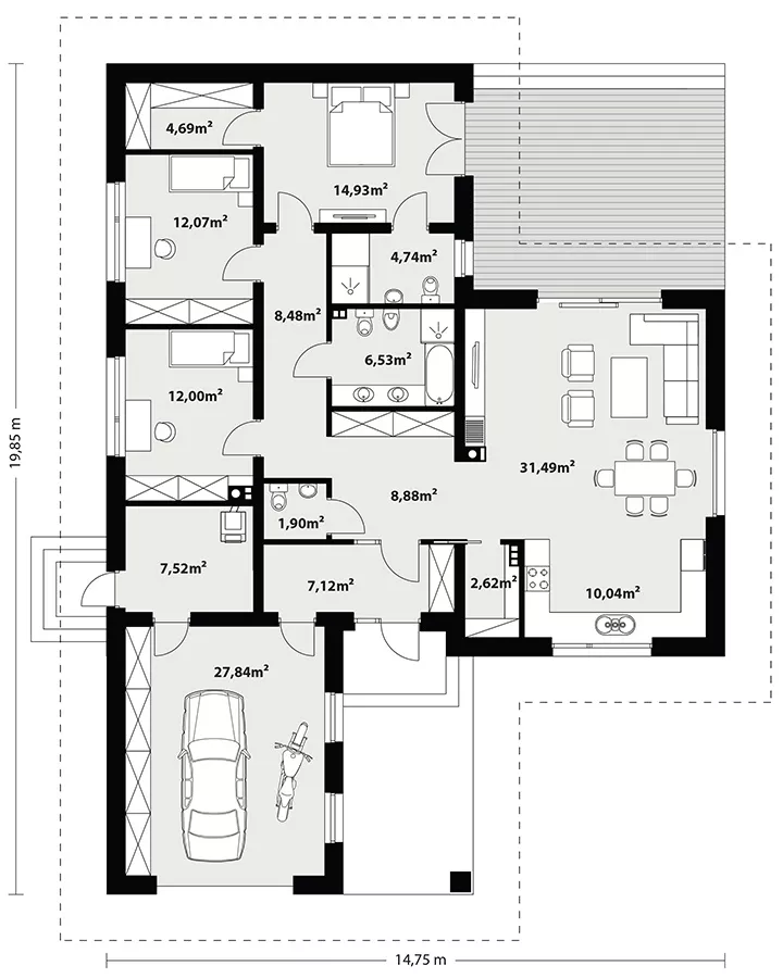 План этажа №1 1-этажного дома K-1133-2 в Тюмени