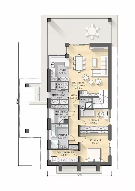 План этажа №1 2-этажного дома K-2371 в Тюмени