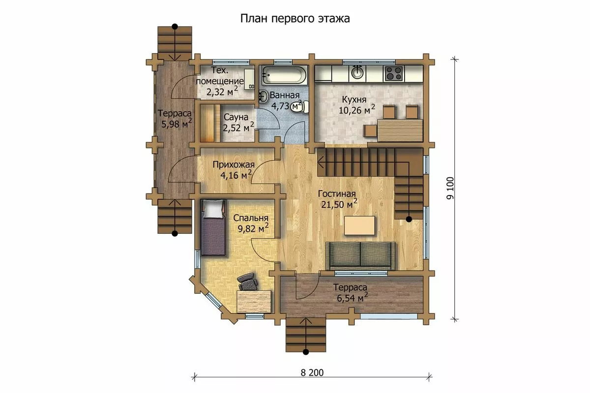 План этажа №1 2-этажного дома MS-128 в Тюмени