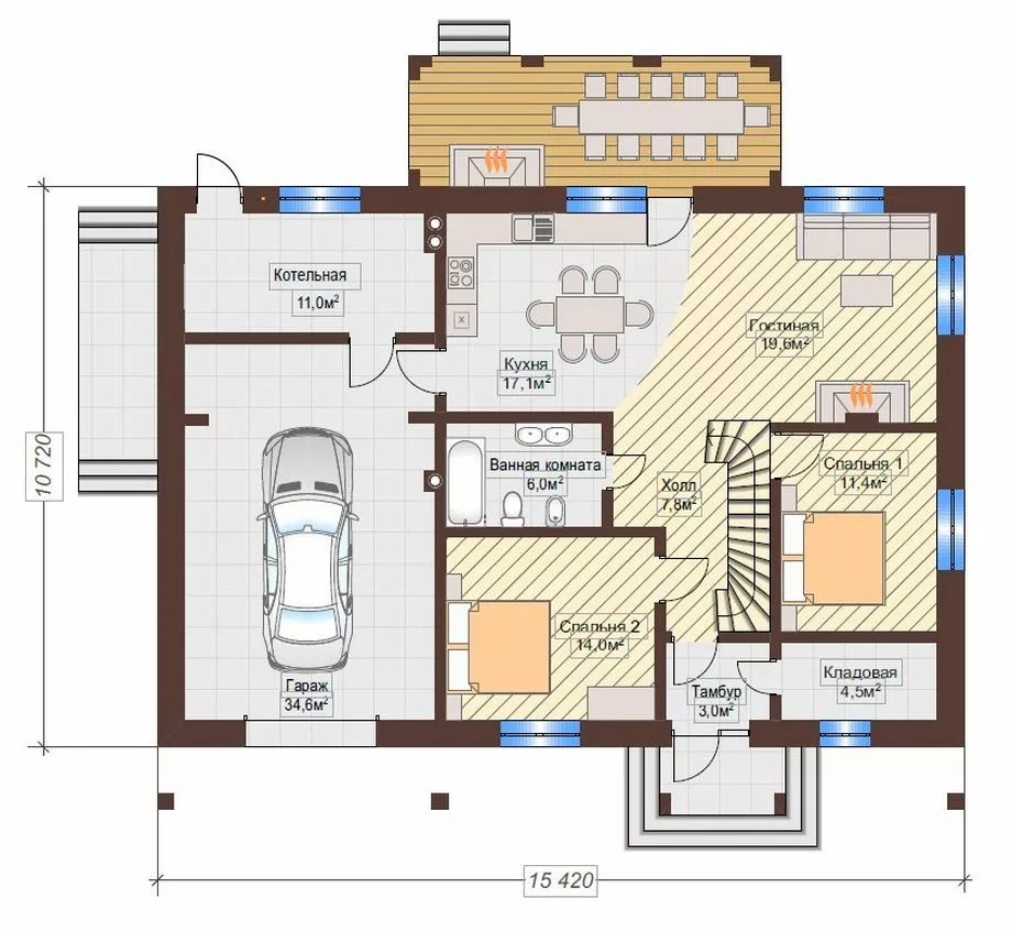 План этажа №1 1-этажного дома K-1283-3 в Тюмени