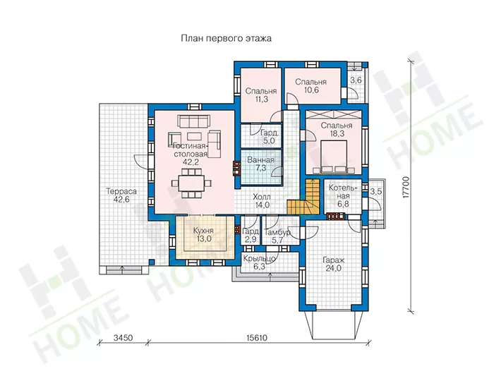 План этажа №1 2-этажного дома 62-28L в Тюмени