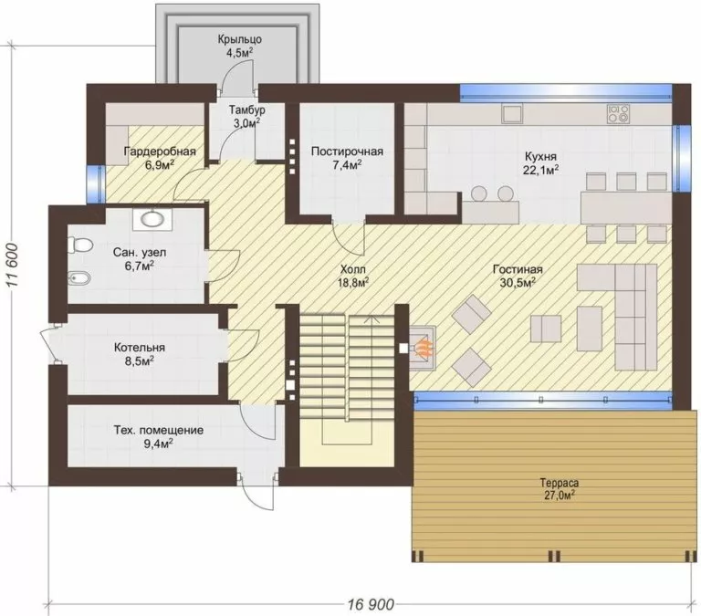 План этажа №1 2-этажного дома K-2234-3 в Тюмени