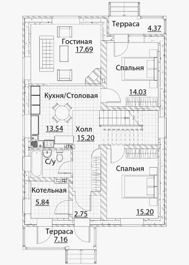 План этажа №1 2-этажного дома A-185 в Тюмени