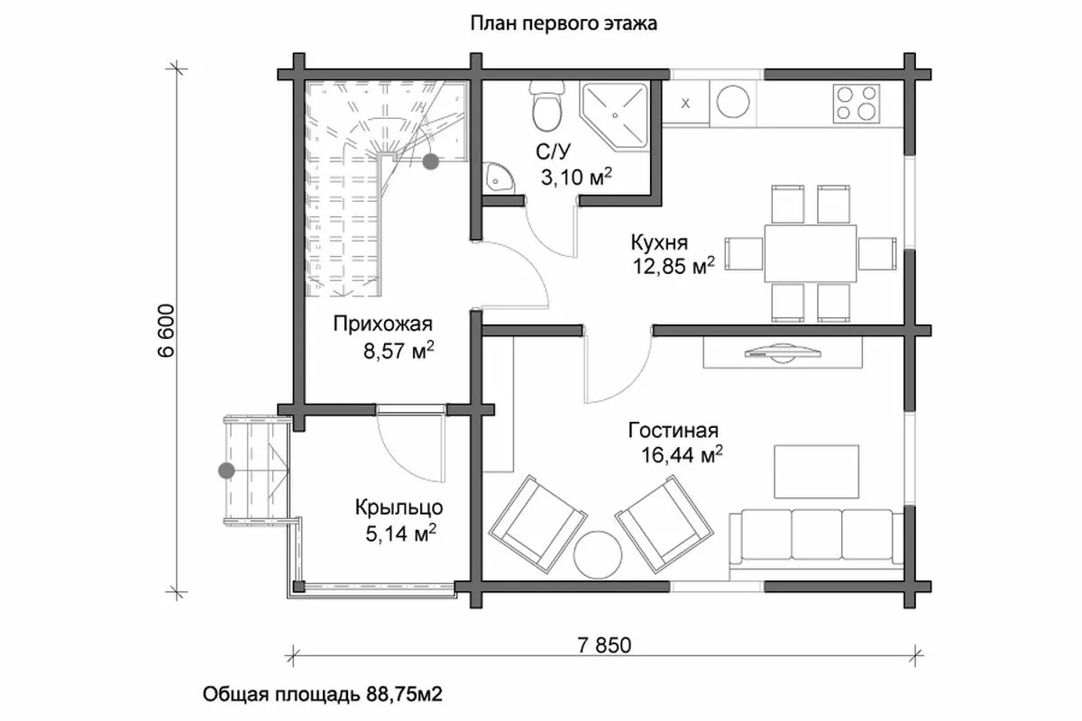 План этажа №1 2-этажного дома MK-88-75 в Тюмени