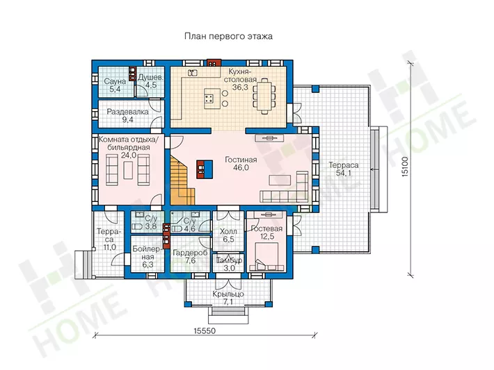 План этажа №1 2-этажного дома 57-82L в Тюмени